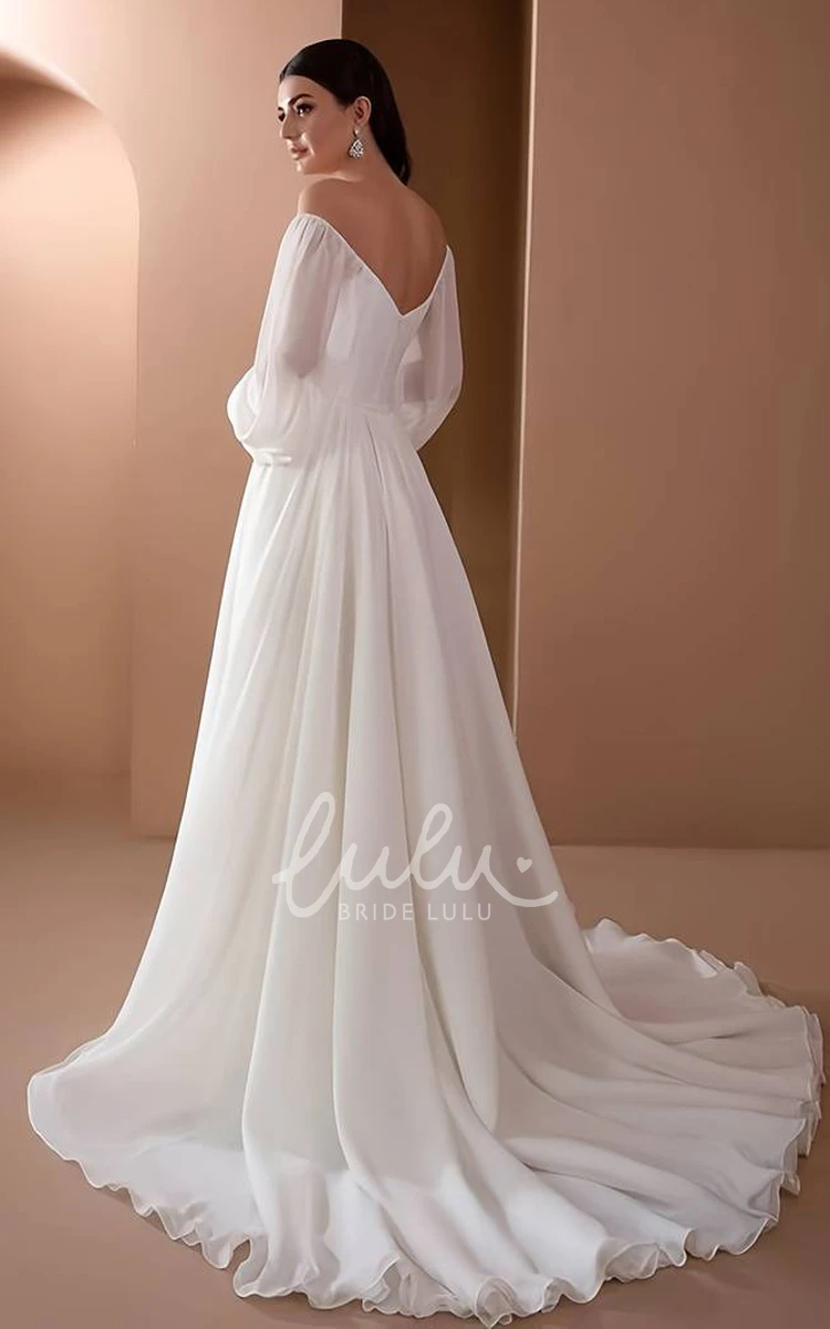 Off-the-shoulder 3/4 Length Sleeve Chiffon A-Line Wedding Dress