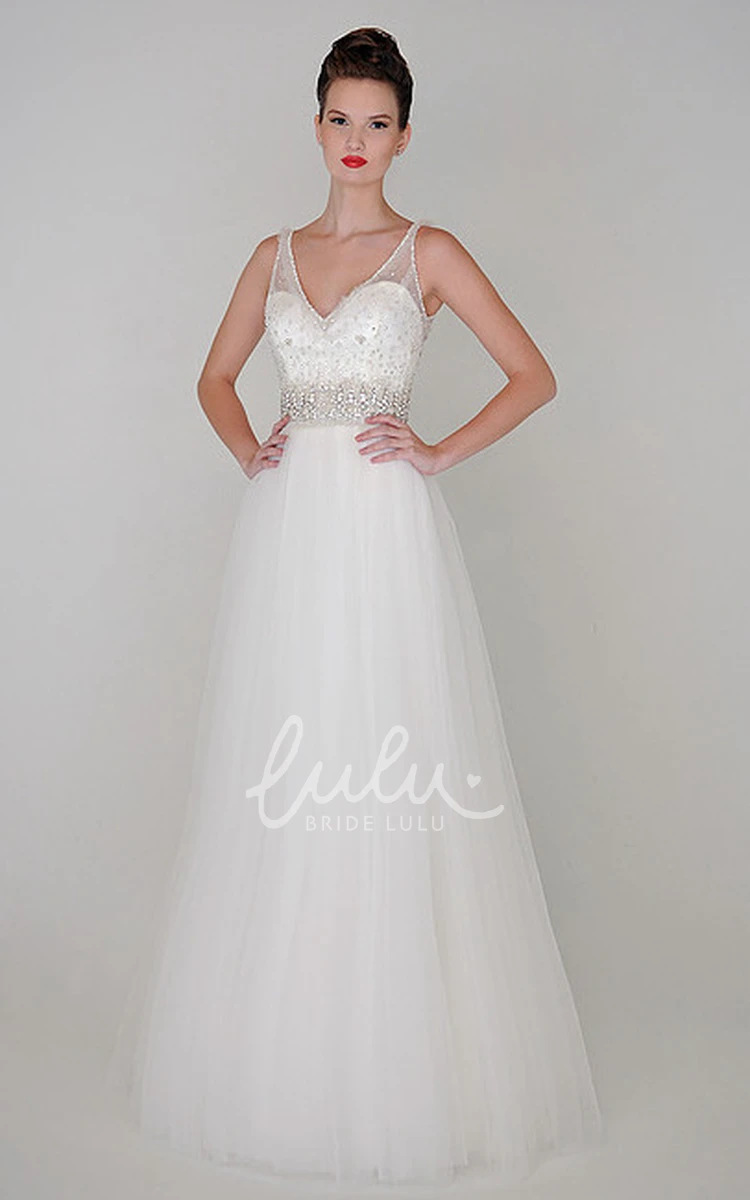 Beaded V-Neck Tulle Wedding Dress with Waist Jewelry A-Line Style