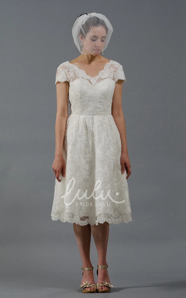 Knee-Length Wedding Dress with Cap Sleeves Alencon Lace and Chic Style