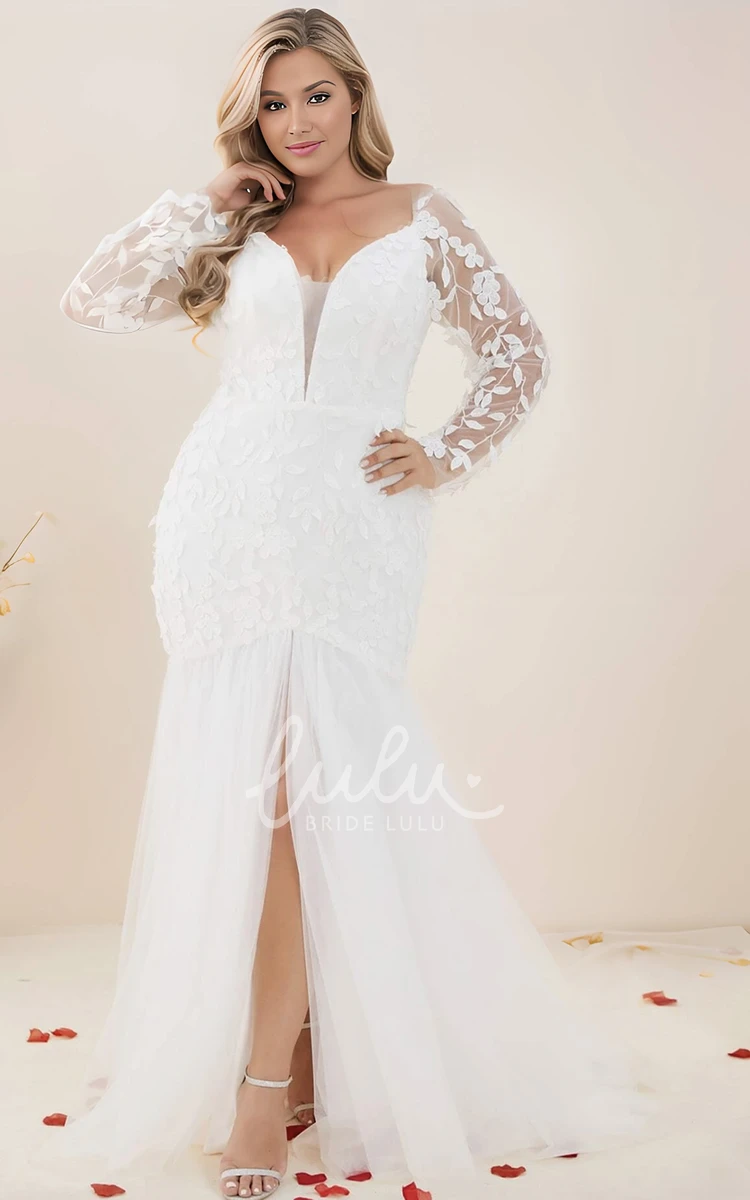 Plus Size Fall Mermaid Long Sleeve V-neck Lace Wedding Dress Backless with Train Garden