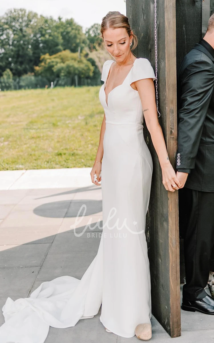 Queen Anne Neck Gorgeous Cap Sleeve Satin Deep V-Back Solid Garden Wedding Dress