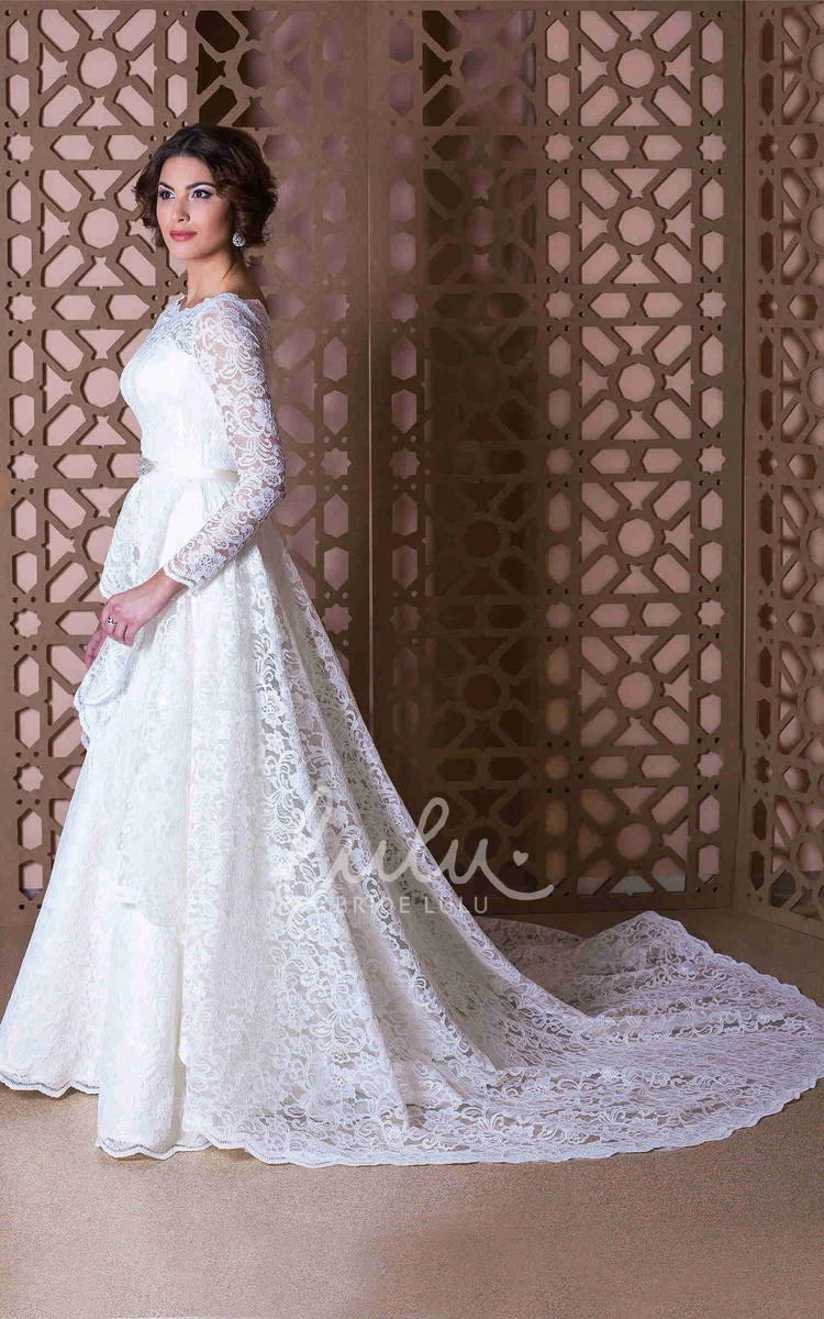 Bowed Lace Floor-Length Wedding Dress Long Sleeve Scoop Neck