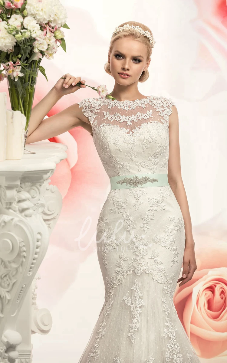 Jewel Illusion Lace Prom Dress with Appliques and Waist Jewelry
