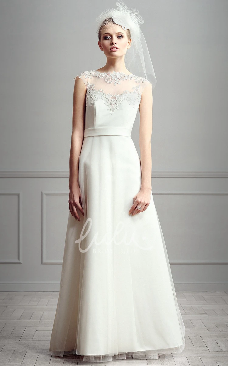 Cap-Sleeve Appliqued Satin Wedding Dress A-Line Jewel-Neck