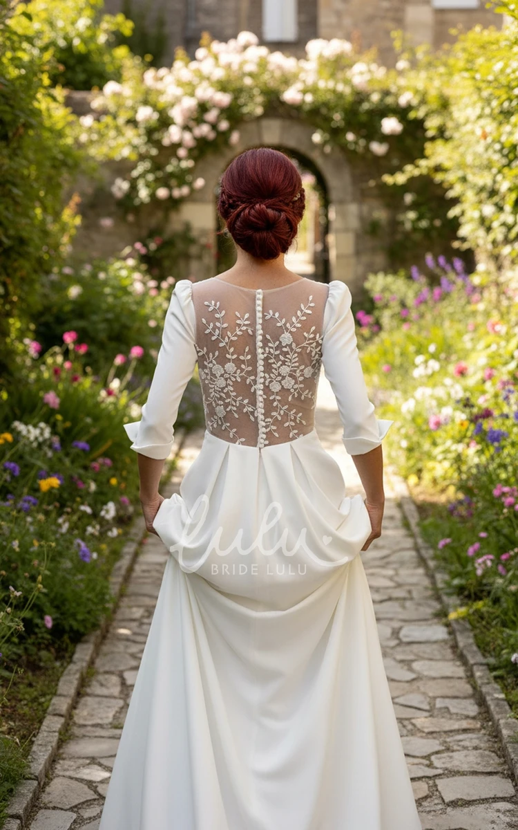 Simple A-Line 3/4 Sleeves Wedding Dress with Lace Back for Garden Weddings