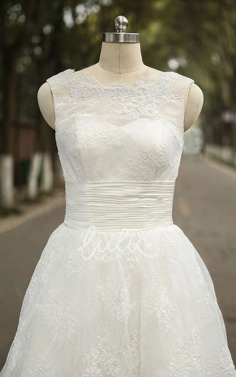 Lace A-line Wedding Dress with Ruched Bodice Jewel Neck Sleeveless Short