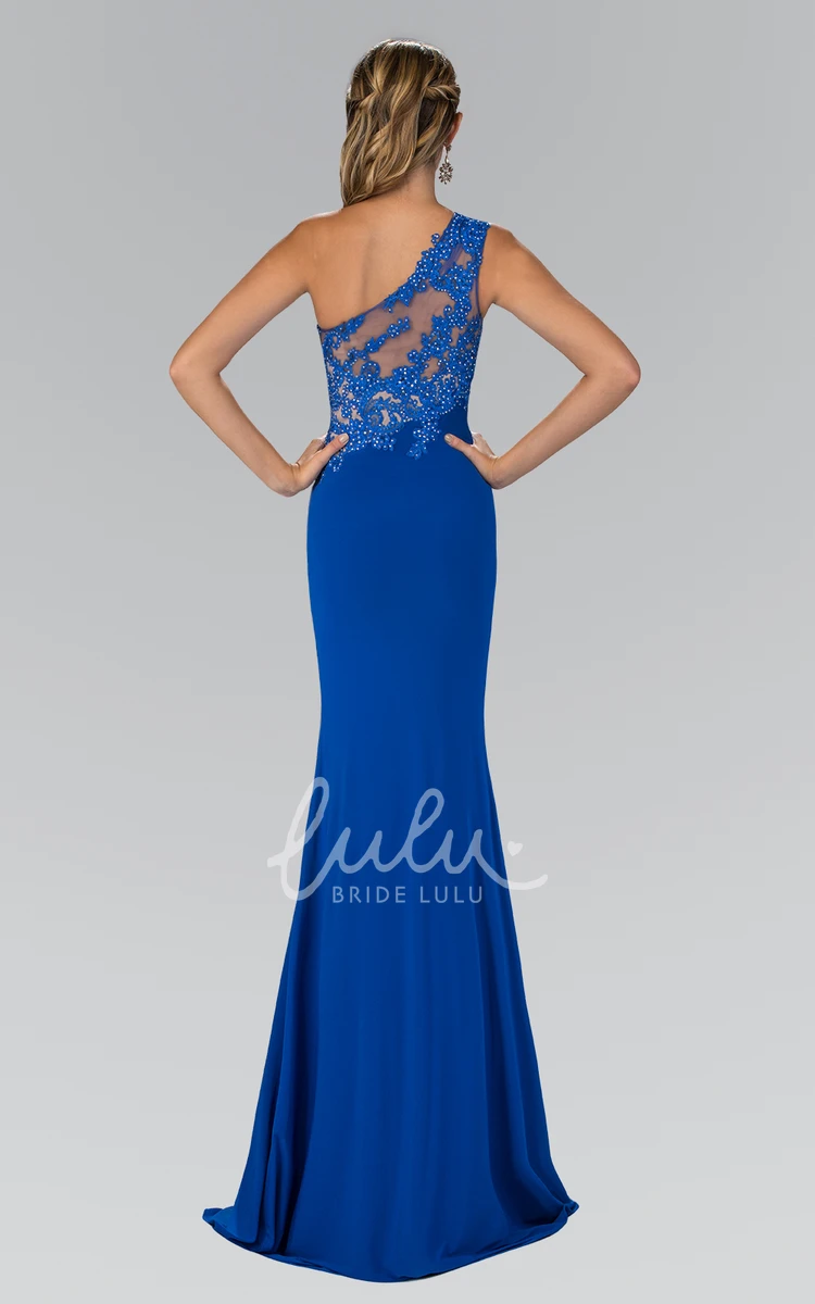 One-Shoulder Sleeveless Jersey Formal Dress with Front Split and Appliques in Sheath Style