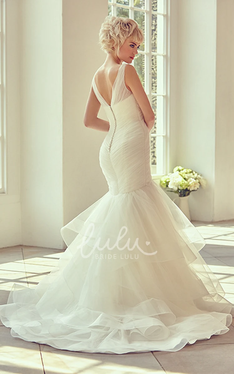 Criss-Cross V-Neck Tulle Wedding Dress with Court Train and V-Back Modern