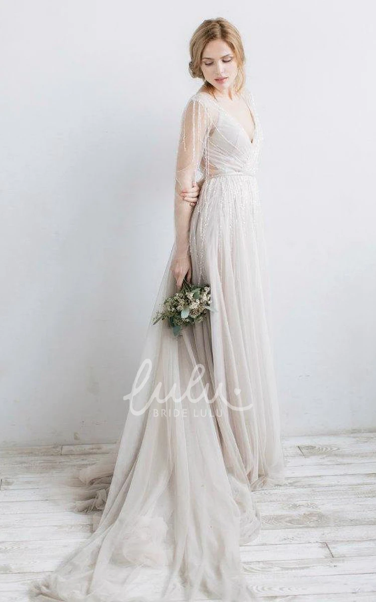 Beaded Illusion V-Neck Tulle Wedding Dress