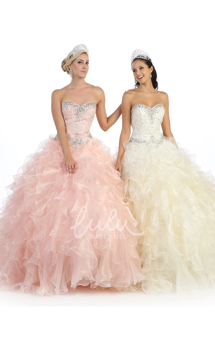 Beaded Ruffled Ball Gown Dress Sweetheart Organza Lace-Up