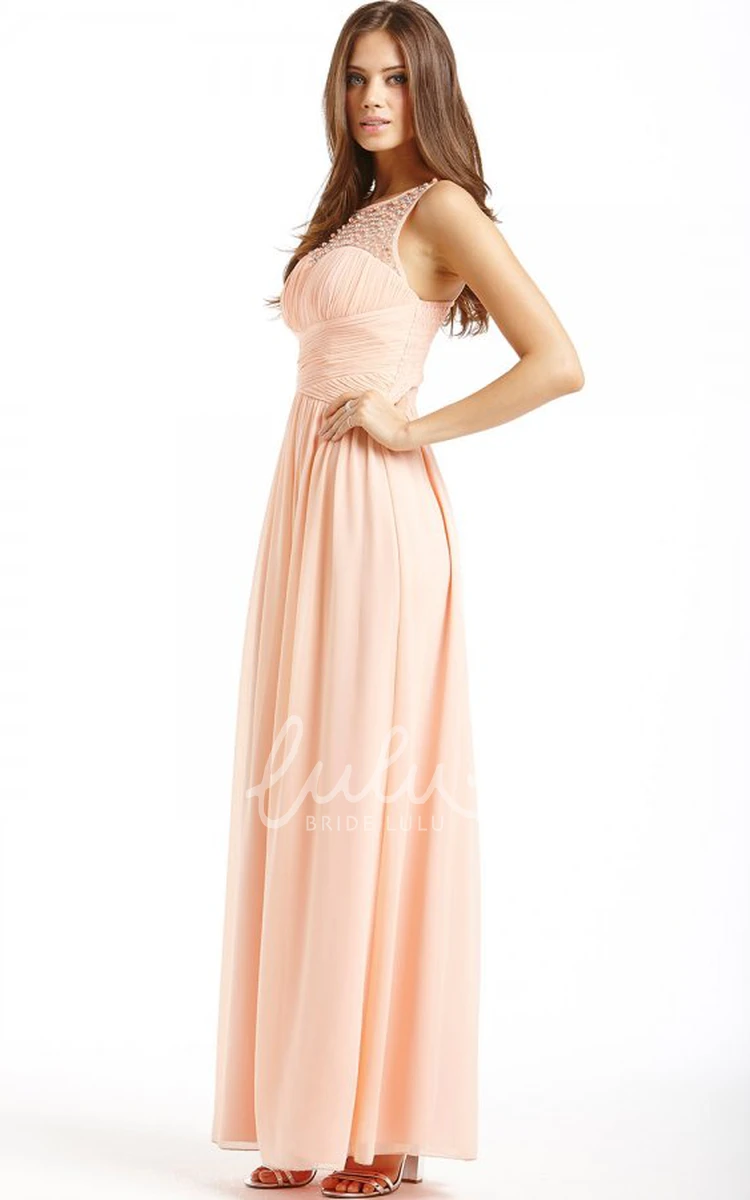 Sleeveless Ruched Chiffon Bridesmaid Dress with Bateau Neck Ankle-Length