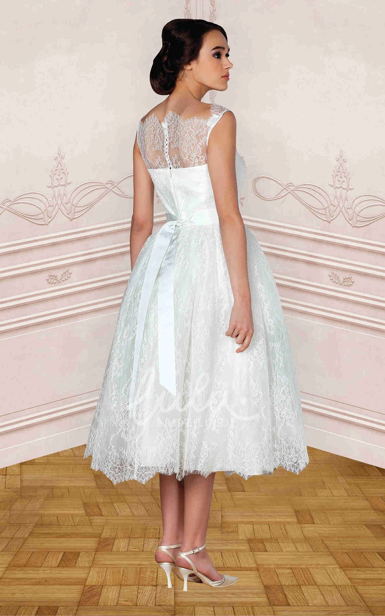 Bateau Tea-Length Wedding Dress with Jeweled Lace Ribbon and Illusion