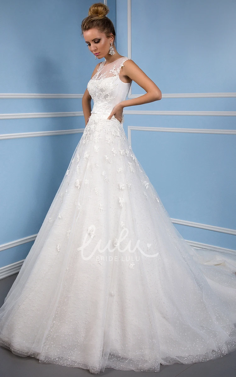 Appliqued Tulle Wedding Dress with Illusion Back Ball Gown Style