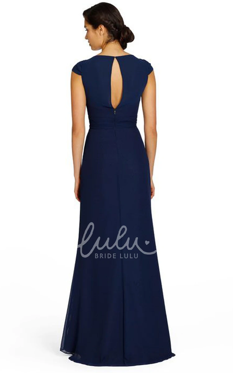 A-Line Chiffon Bridesmaid Dress with Cap-Sleeves Side-Drape Split Front and Keyhole Back