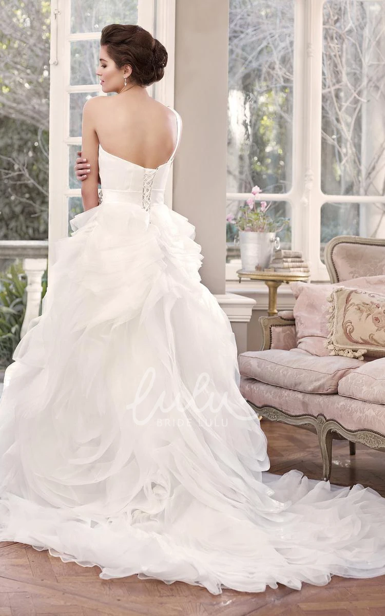 Organza One-Shoulder Wedding Dress with Jewels & Chapel Train Elegant Bridal Gown
