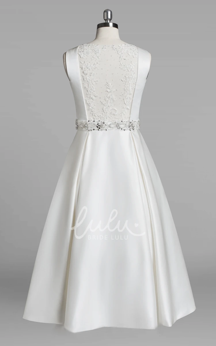 Beaded Satin A-Line Tea-Length Wedding Dress with Jewel Neck