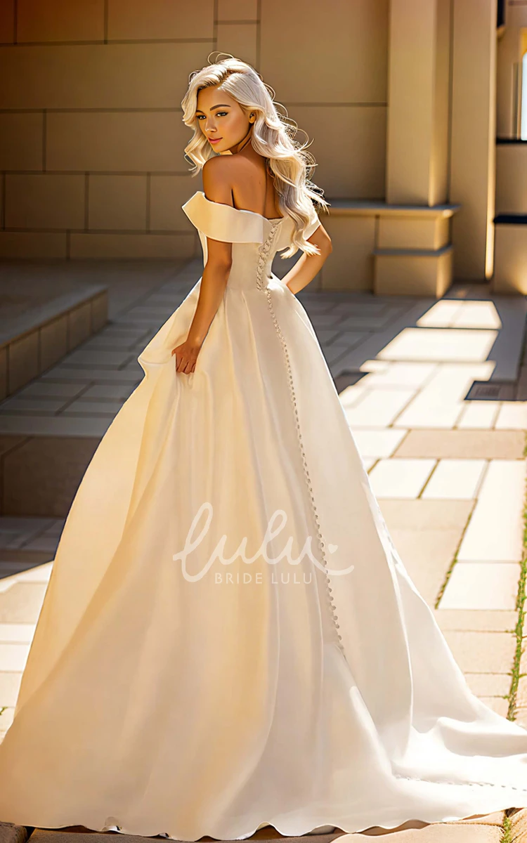 Solid Sexy Satin Off-the-shoulder Sleeveless A-Line V-neck Wedding Dress Simple Elegant Floor-length Corset Back Bridal Gown with Sweep Train Button