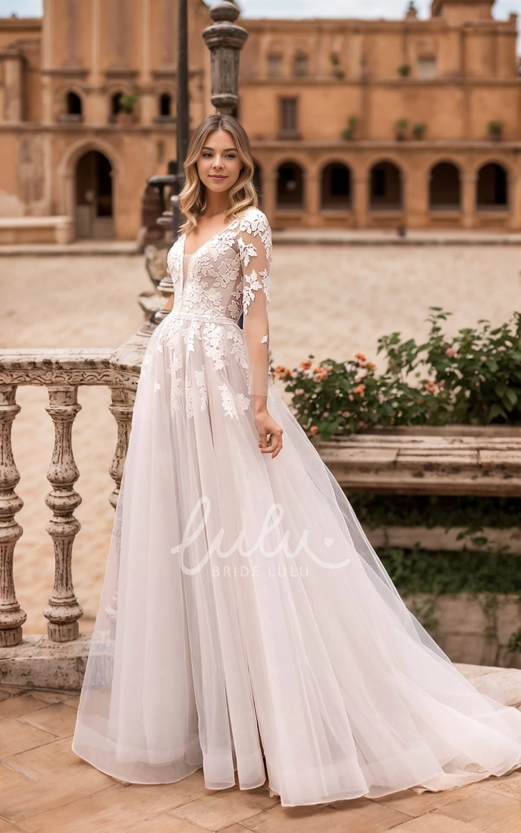 Floral Bohemian A-Line Winter Long Sleeve Wedding Dress Sexy Princess V-Neck Backless Appliques Chapel Train Bridal Gown