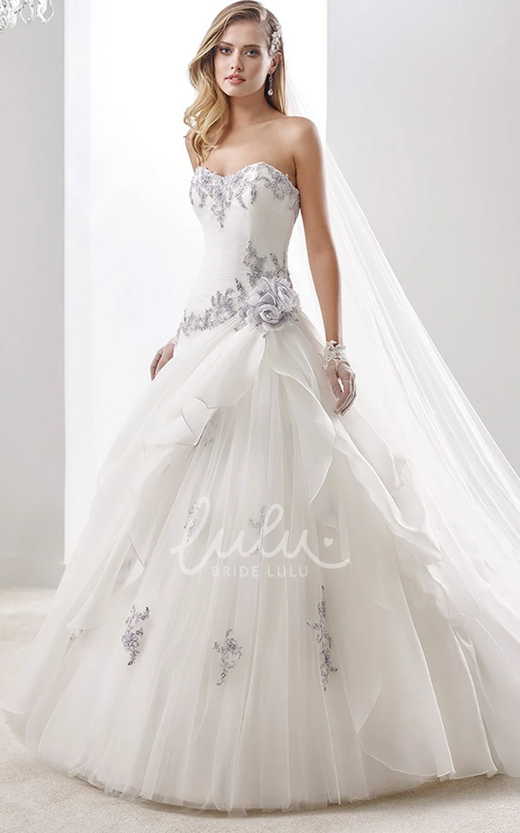 A-line Wedding Gown with Striking Appliques and Asymmetrical Ruffles Overlayer Sweetheart Elegant Modern