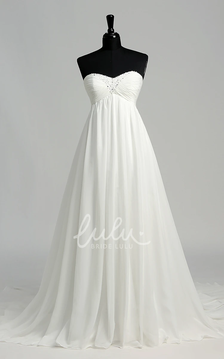 Chiffon A-line Wedding Dress with Sweetheart Neckline Sleeveless Design Beaded Bodice and Ruched Skirt