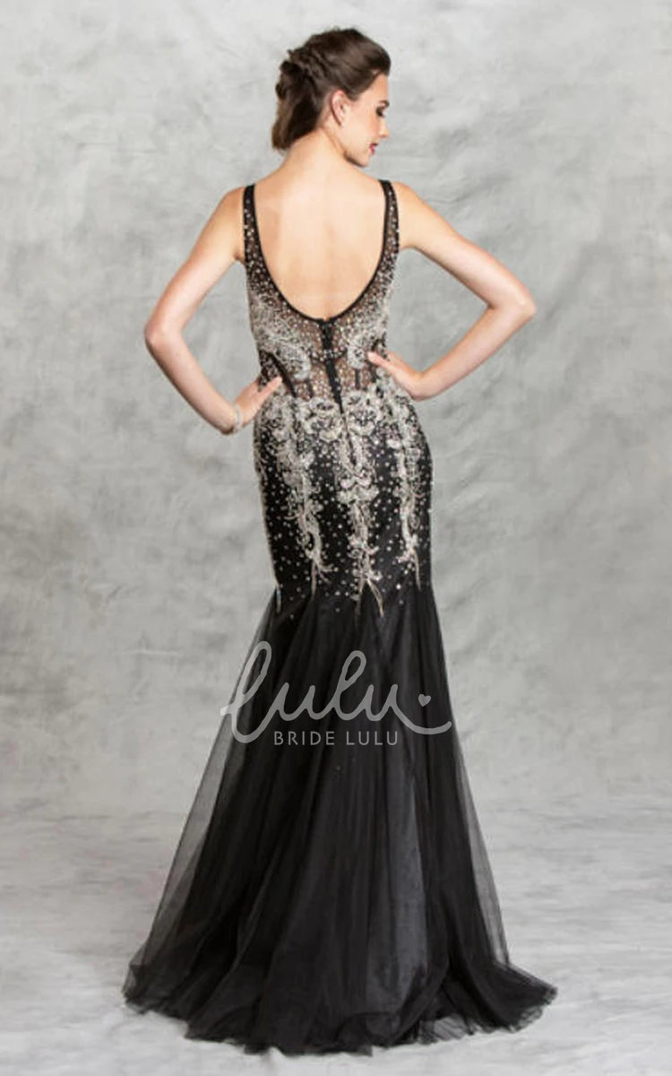 V-Neck Sleeveless Chiffon Sheath Formal Dress with Beading and Low-V Back Design