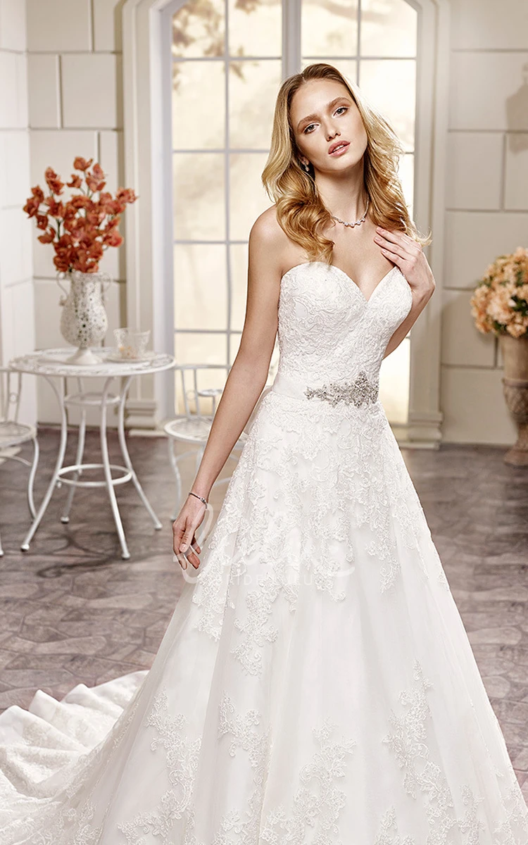 A-Line Sweetheart Floor-Length Lace&Satin Wedding Dress with Jeweled Appliques and Sash