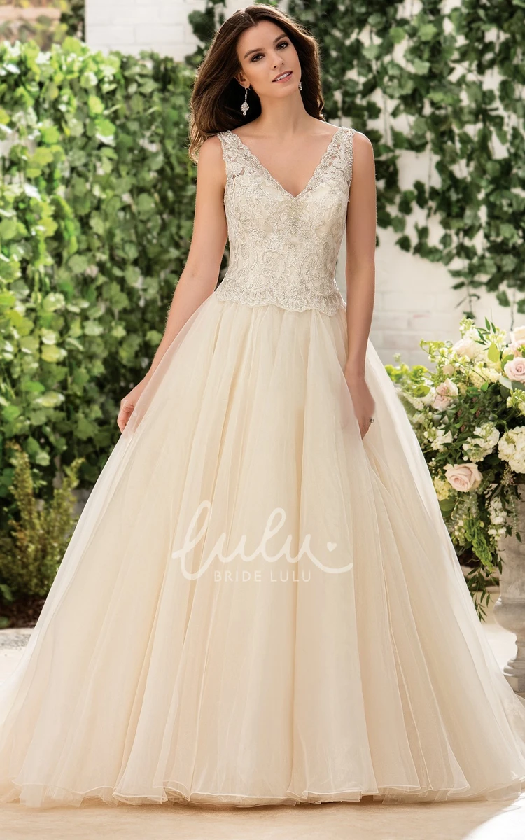 Sleeveless A-Line Wedding Dress with V-Neckline Beadings and Appliques