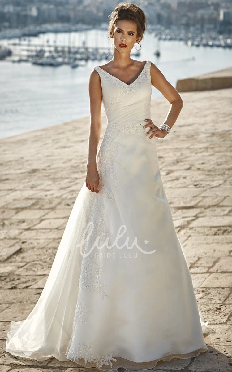 V-Neck Satin and Lace A-Line Wedding Dress Side-Draped and Sleeveless