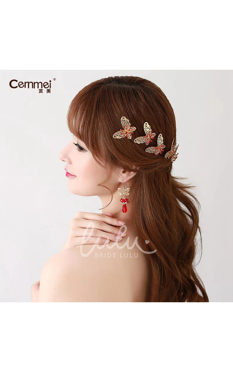 Chinese Cheongsam Wedding Hair Accessories Set with Red Hairpin U-Shaped Clip and Plate