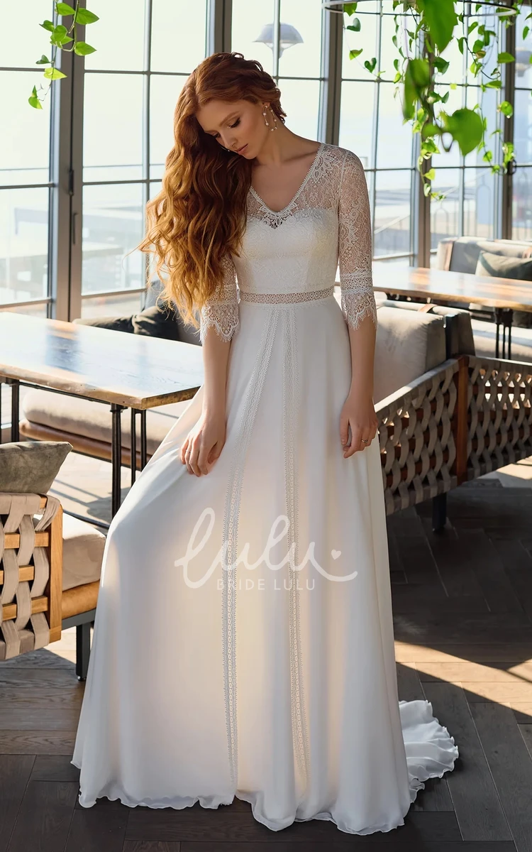 A-Line Satin Gorgeous Sweep Train Lace Illusion Half Sleeve Wedding Dress