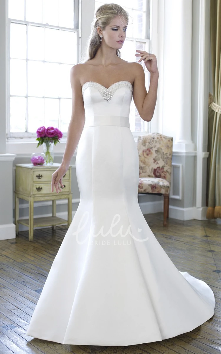 Mermaid Sweetheart Wedding Dress with Beading and Broach Satin Bridal Gown