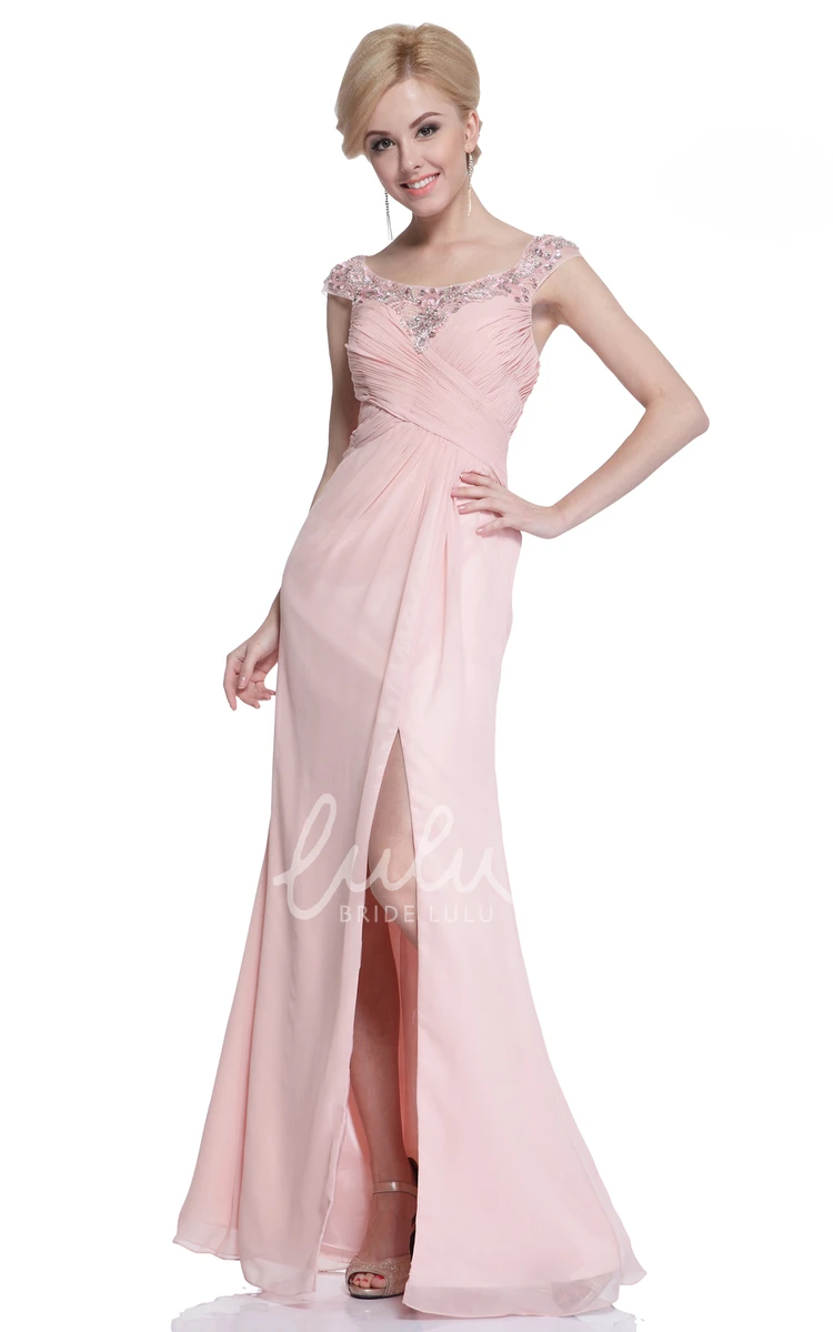 Split Front Cap-Sleeve Chiffon Formal Dress with Beading in Sheath Style