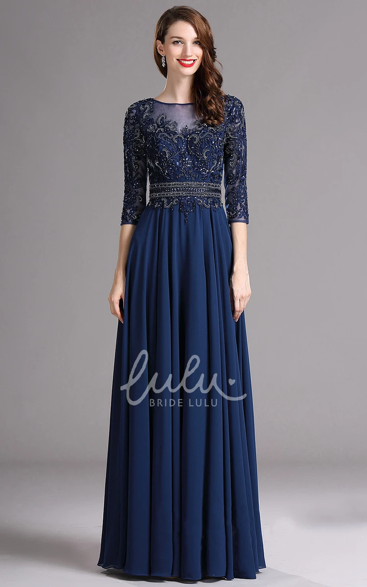 Illusion A-line Chiffon Formal Dress with Applique Detail and Boat Neckline