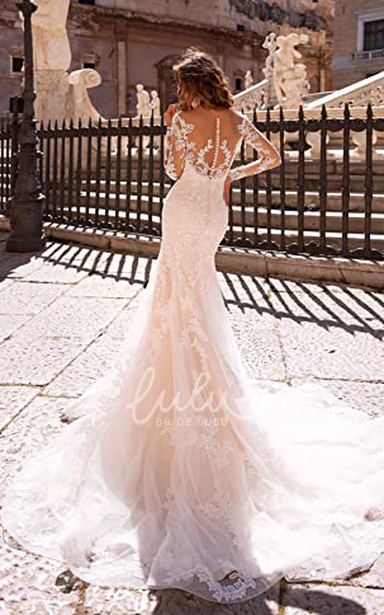 Bohemian Lace Mermaid Illusion Sleeve Wedding Dress Beach Style Romantic