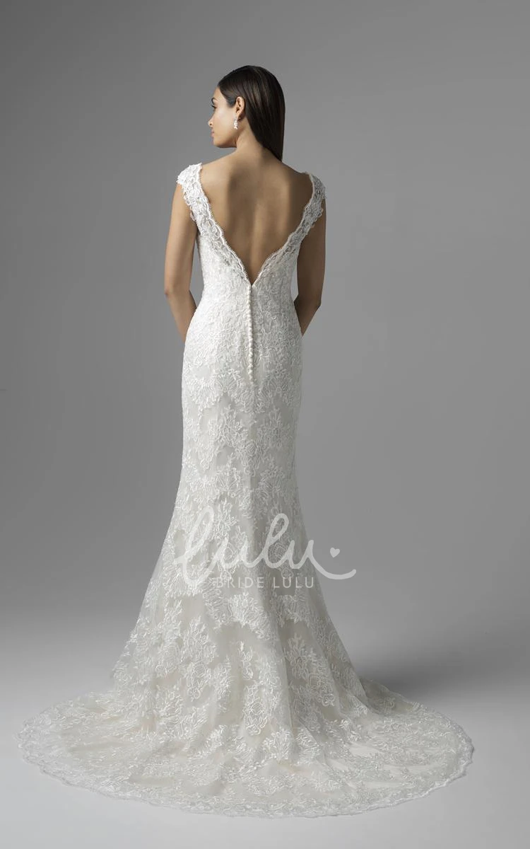 Sleeveless V-Neck Lace Wedding Dress with Deep-V Back Modern Lace Wedding Dress