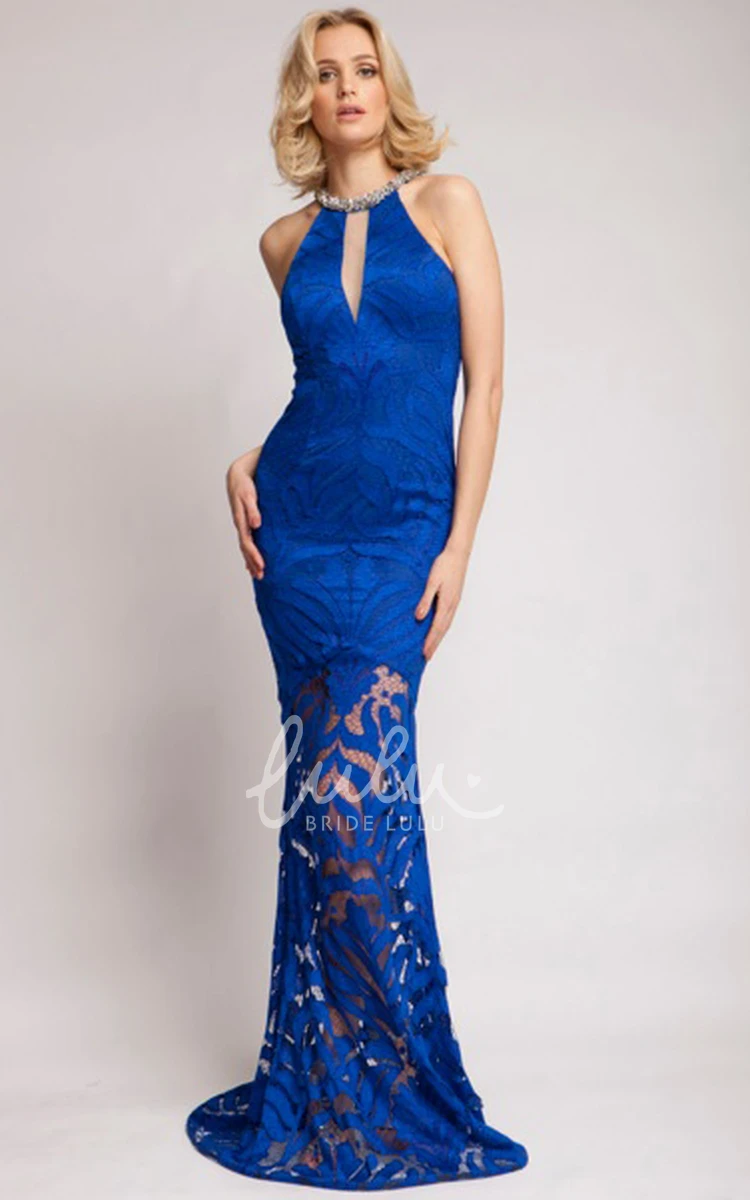 High Neck Sleeveless Pencil Prom Dress with Beaded Lace Maxi Dress with Zipper Back