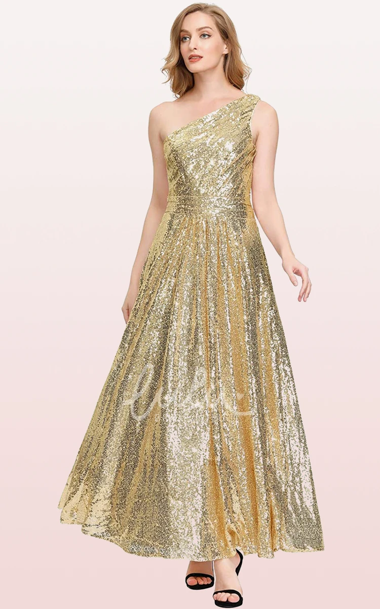 Vintage Sequin One-shoulder Bridesmaid Dress with Ruching Ankle-length A-line