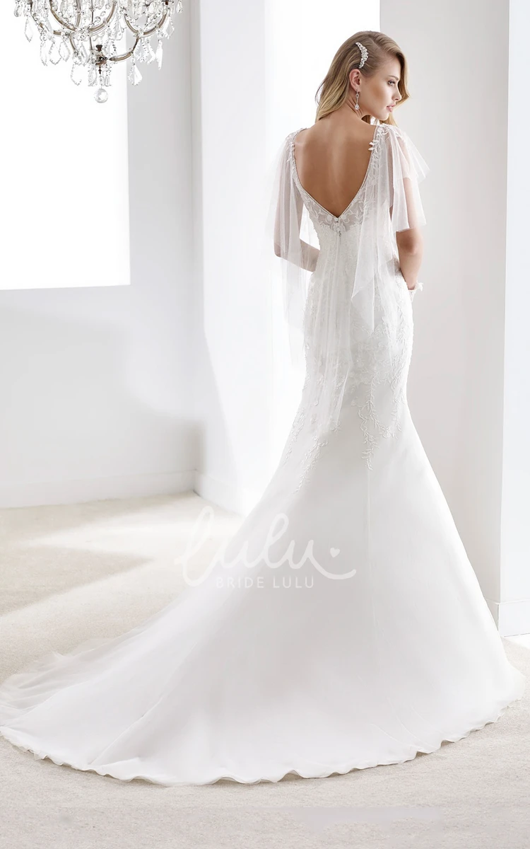 Open Back Sheath Mermaid Wedding Dress with Cape Sleeves and V-Neck