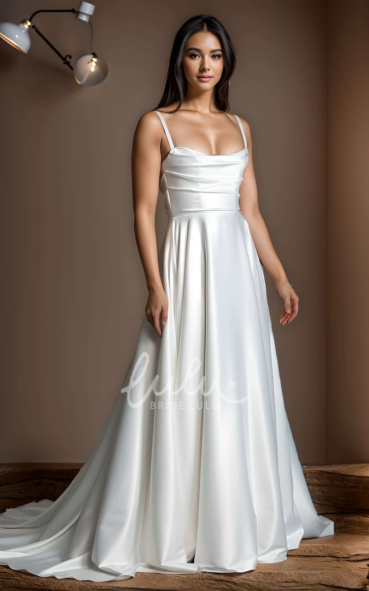 Elegant Solid A-Line Straps Square Neck Ruching Satin Wedding Dress Simple Sexy Beach Floor-length Sleeveless Backless Button Zipper Bridal Gown