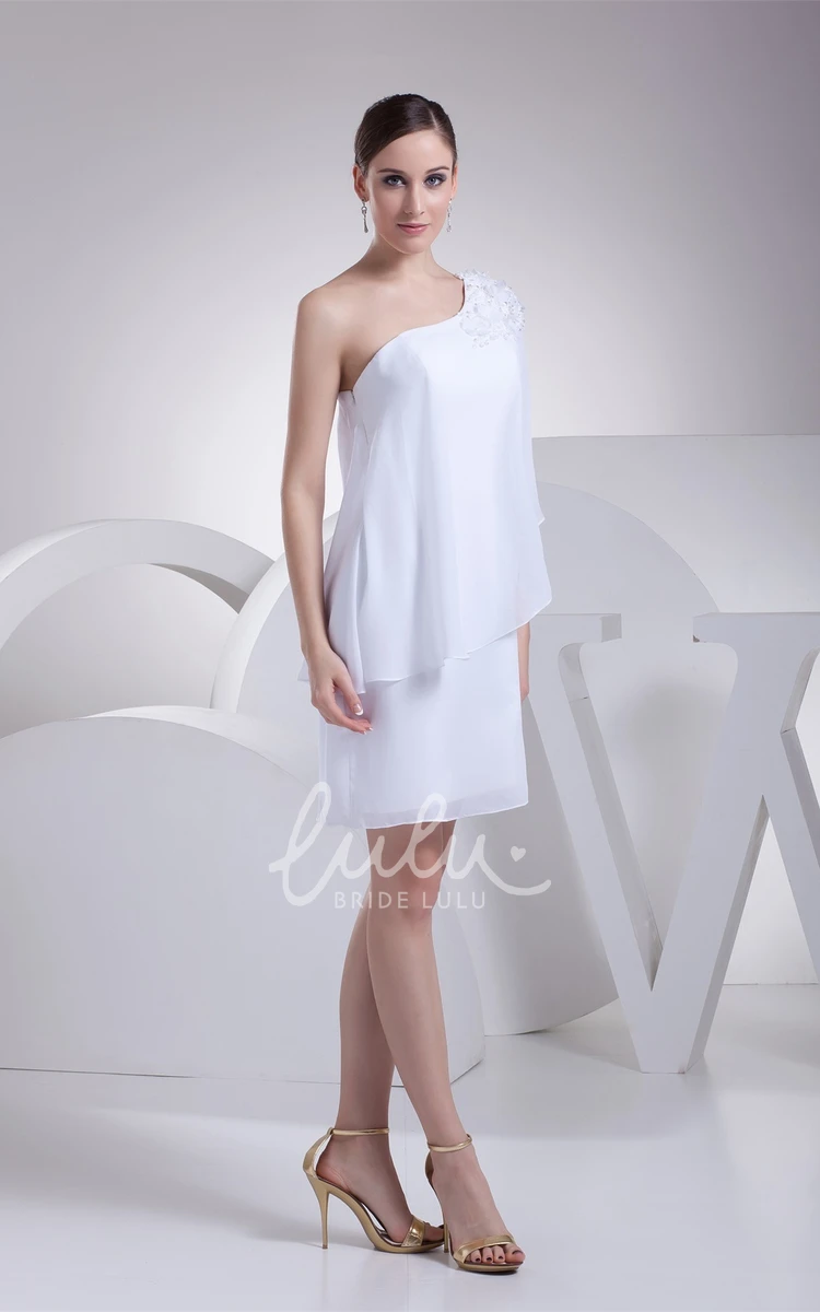 One-Shoulder Chiffon Knee Length Wedding Dress with Beading Simple Beach Bridal Gown