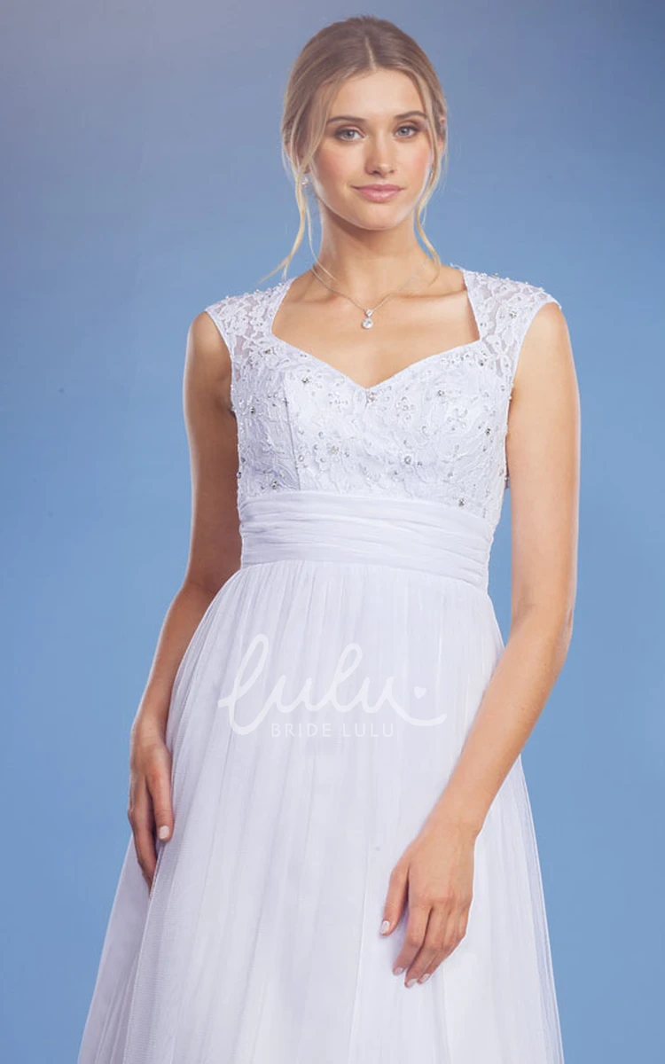 Cap-Sleeve Tulle and Satin Wedding Dress with V-Neck A-Line Style