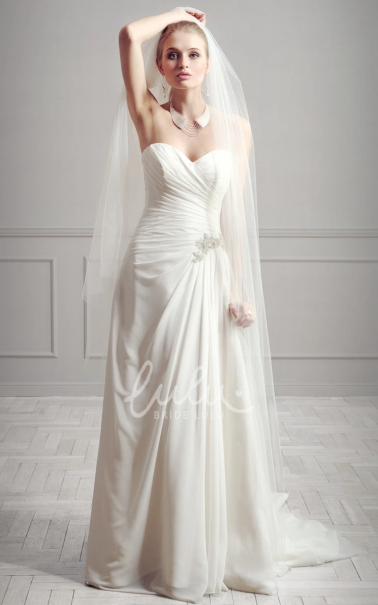 Sweetheart Sleeveless Chiffon Sheath Wedding Dress with Side-Drape and Broach at Floor-Length