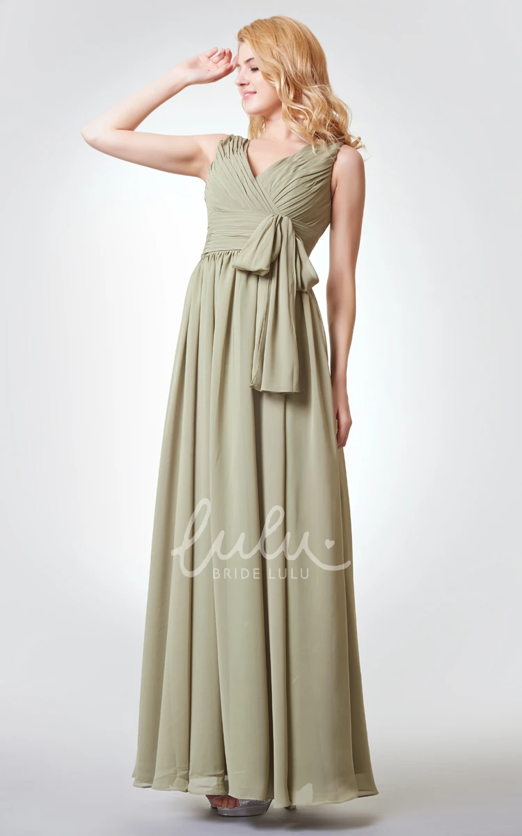 Chiffon A-line Dress with Ruching Bow and Straps Elegant Bridesmaid Dress