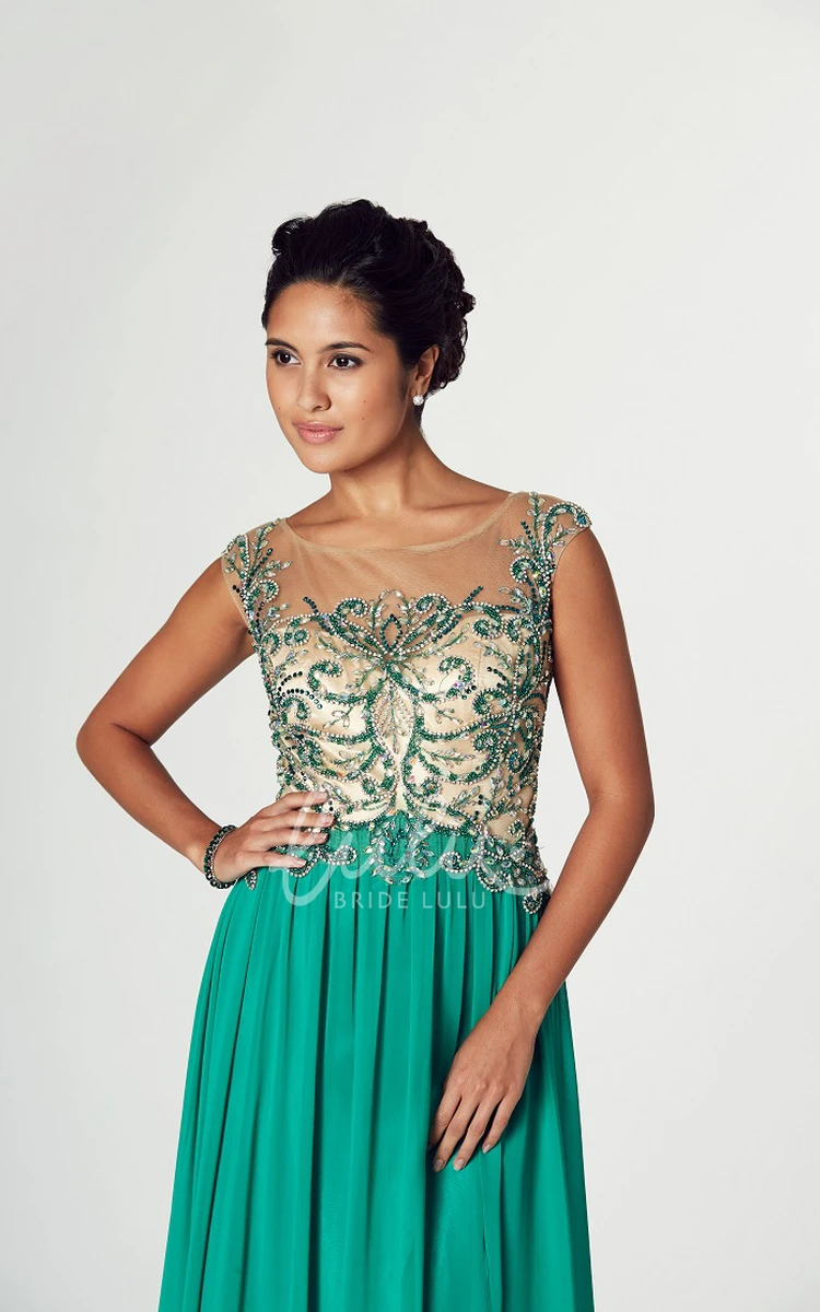 Beaded Chiffon A-Line Prom Dress with Cap Sleeves and Keyhole Back