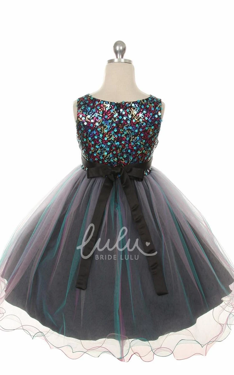 Pleated Tiered Satin Flower Girl Dress with Sequins Tea-Length