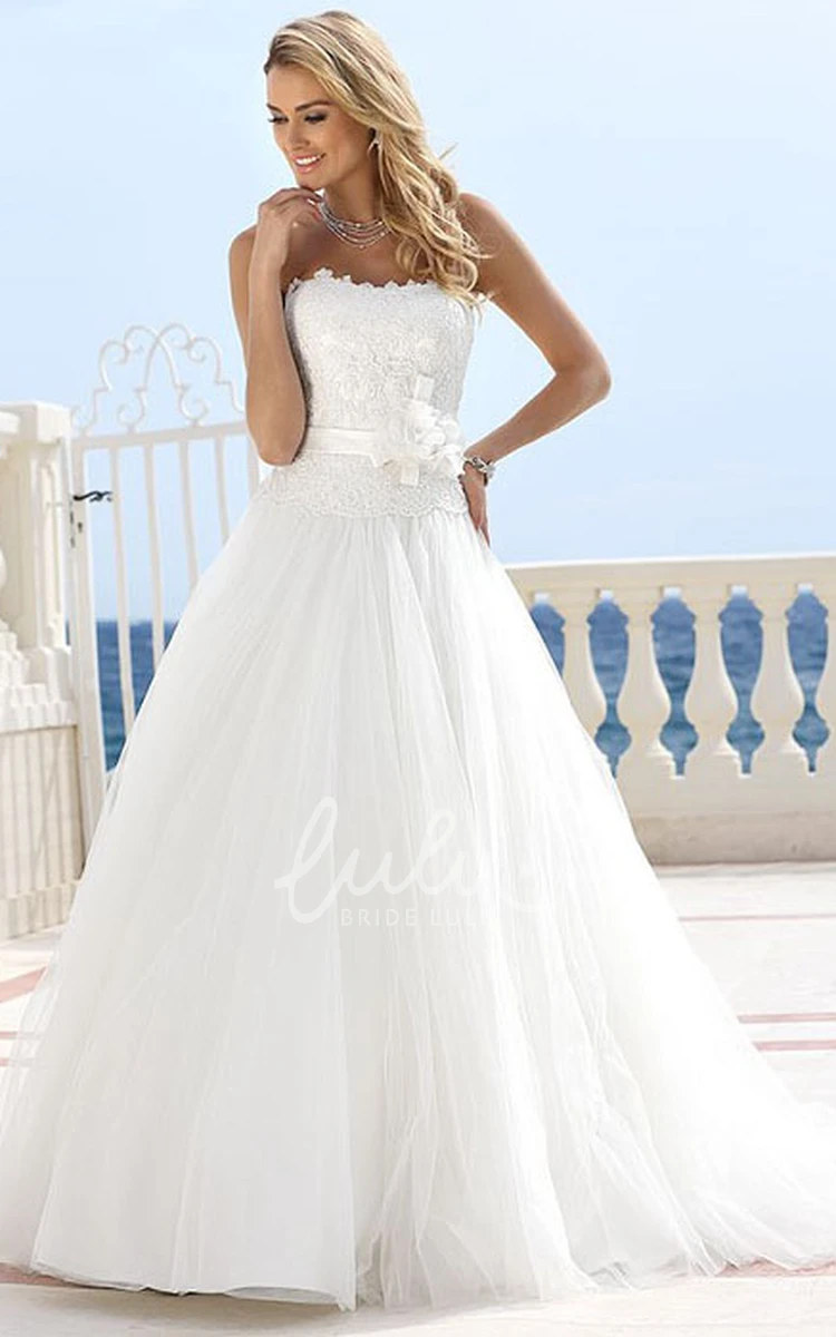 Strapless Sleeveless A-Line Wedding Dress Floor-Length with Tulle Appliques and Flower