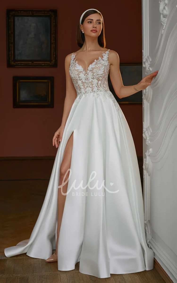 Elegant A-Line Spaghetti Lace Appliques Sweep Train Natural Wedding Dress