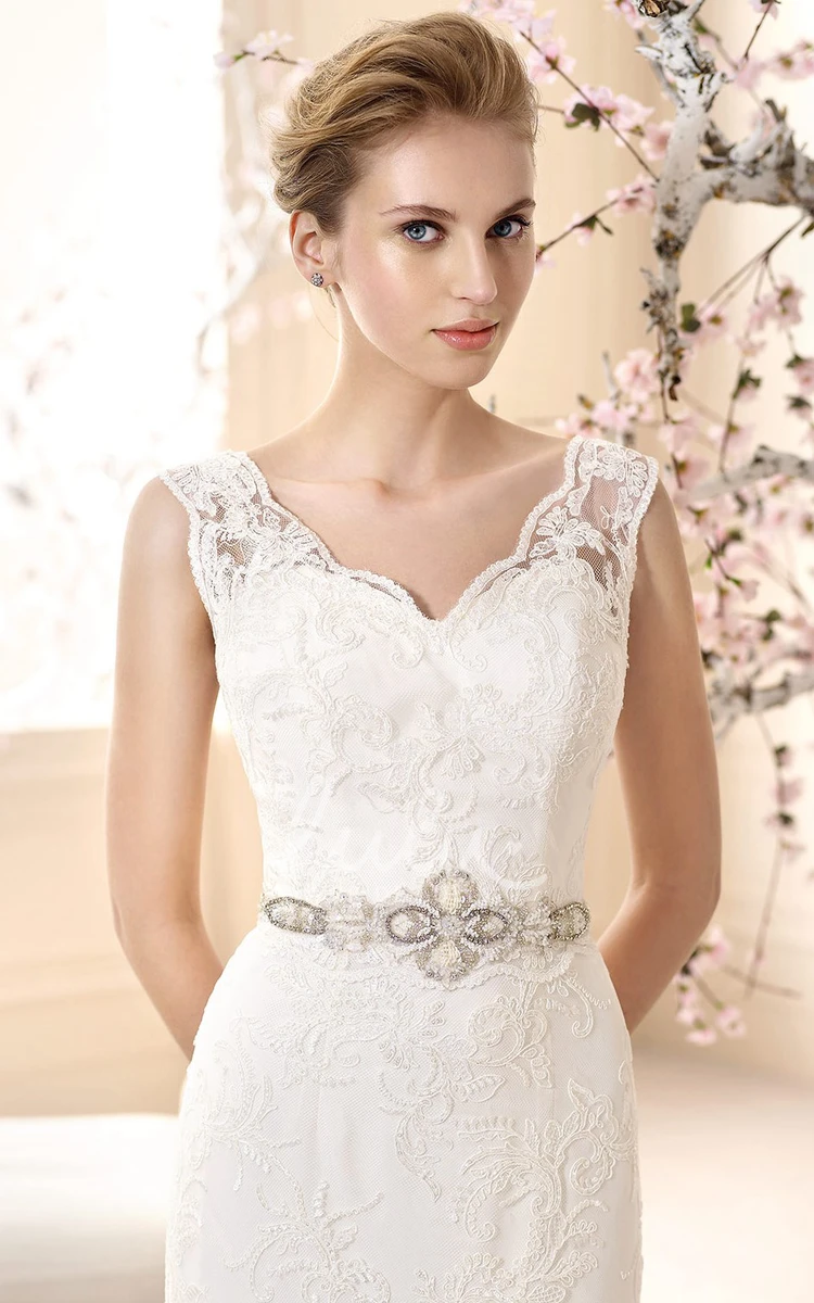 Sheath Lace Wedding Dress with V-Neck and Waist Jewelry Unique Bridal Gown