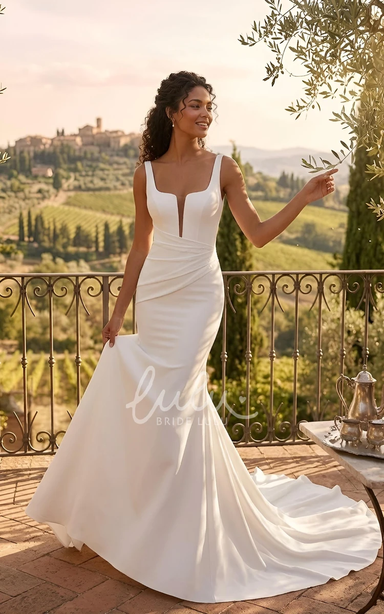 Mermaid Simple Square Neck Satin Wedding Dress Modern Sleeveless Solid Pleated Bridal Gown