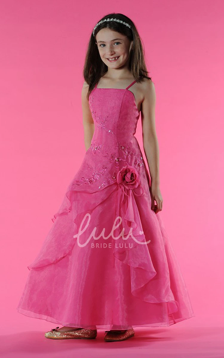 Tulle Gown with Embroidery Spaghetti Straps Flower Girl Dress